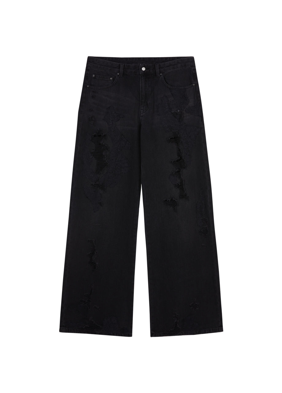 Distressed Wide-Leg Washed Jeans