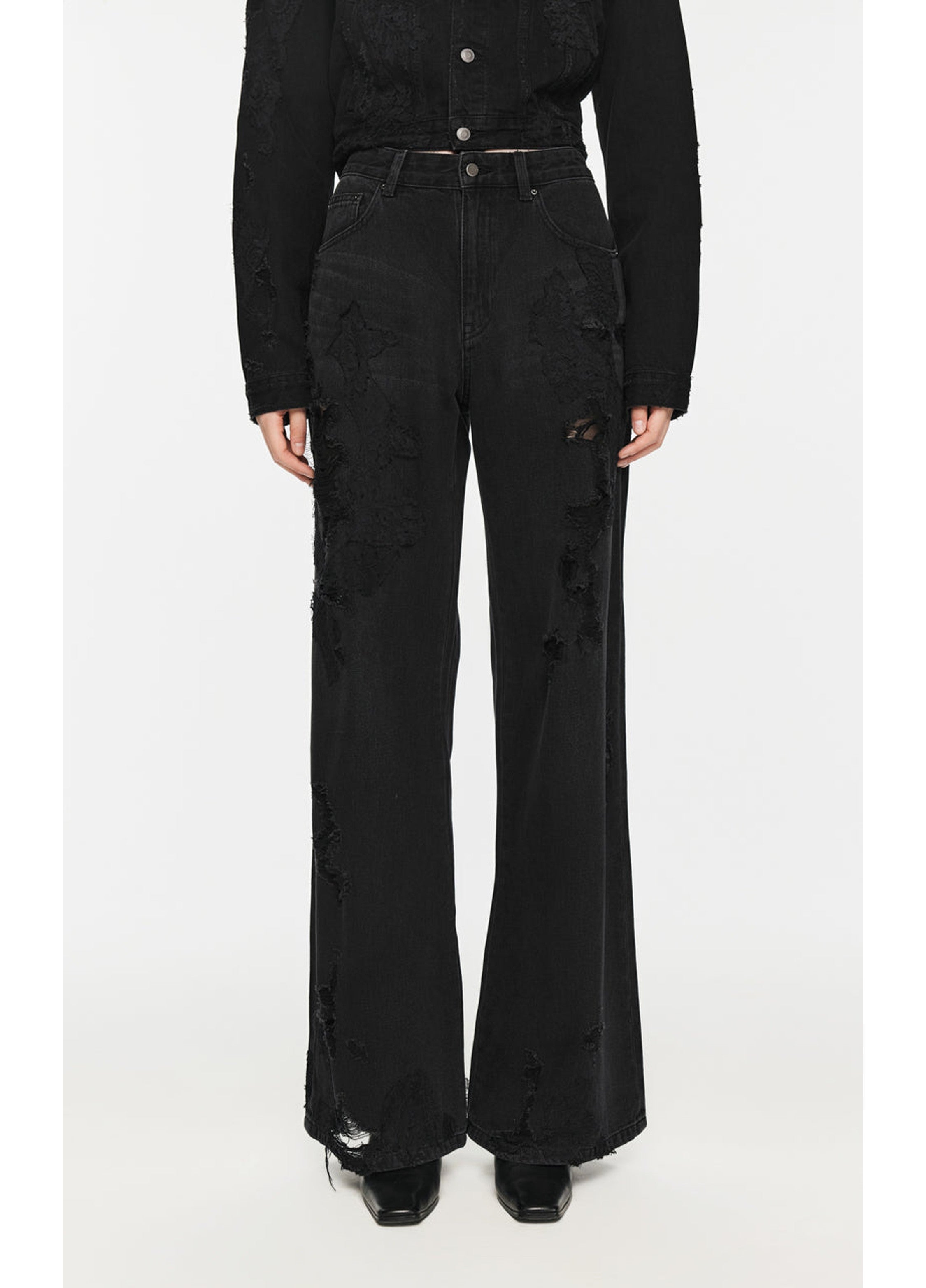 Distressed Wide-Leg Washed Jeans