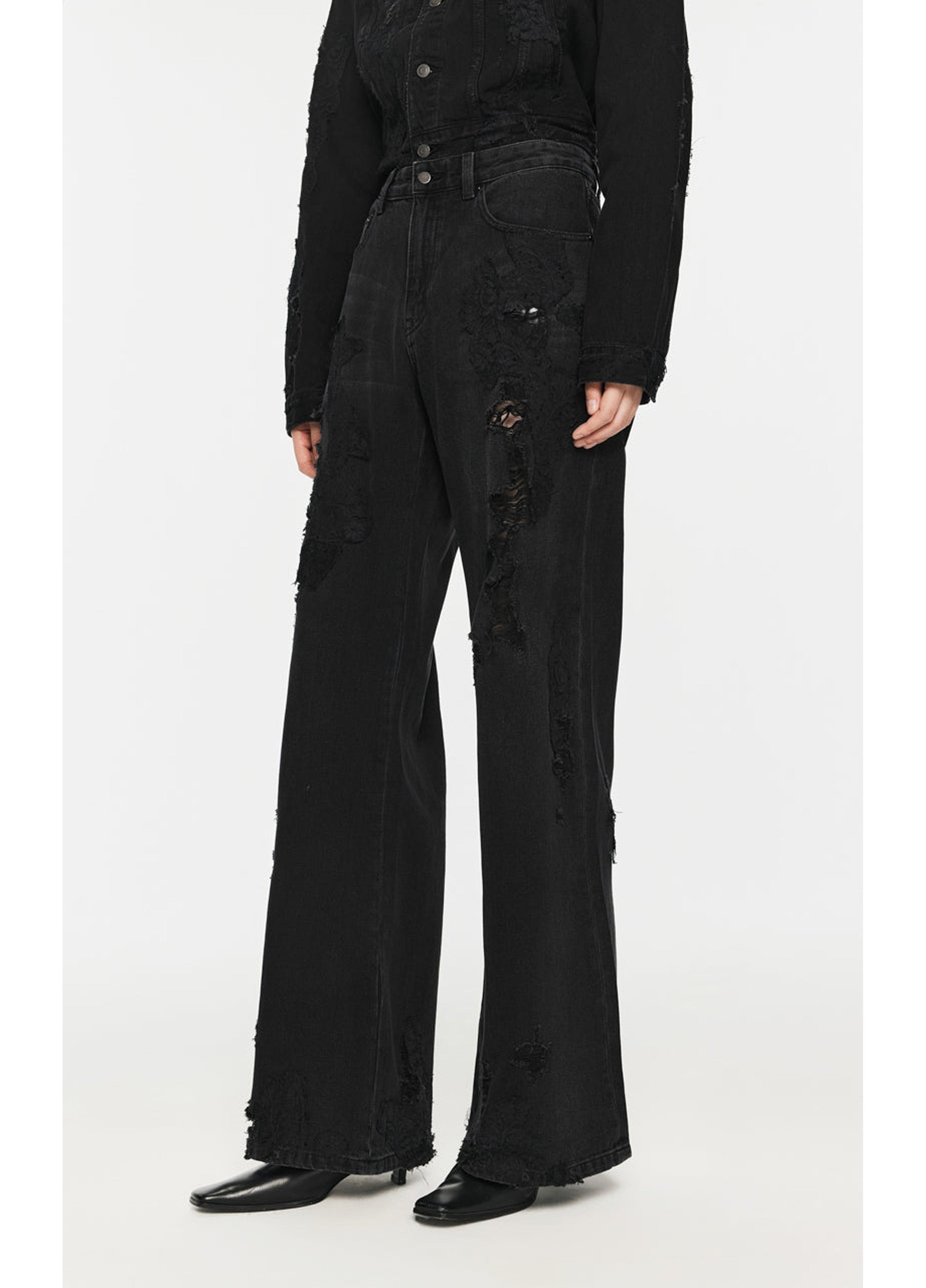 Distressed Wide-Leg Washed Jeans