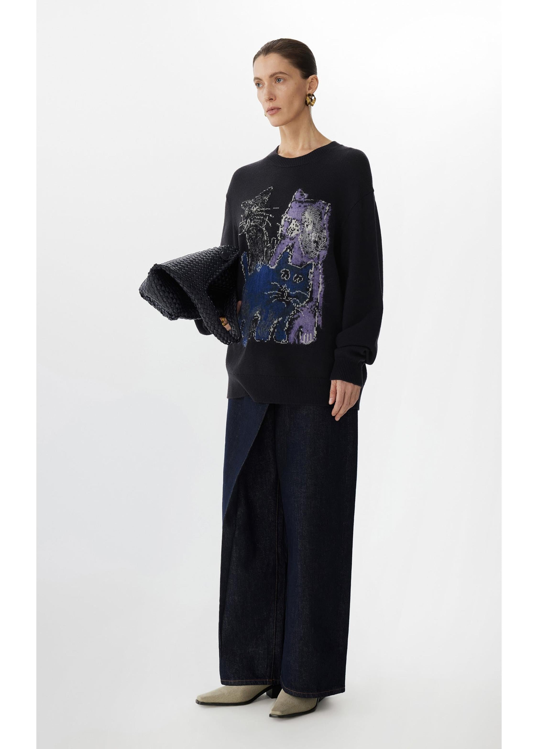 Loose Fit Cat Print Long-Sleeve Sweater