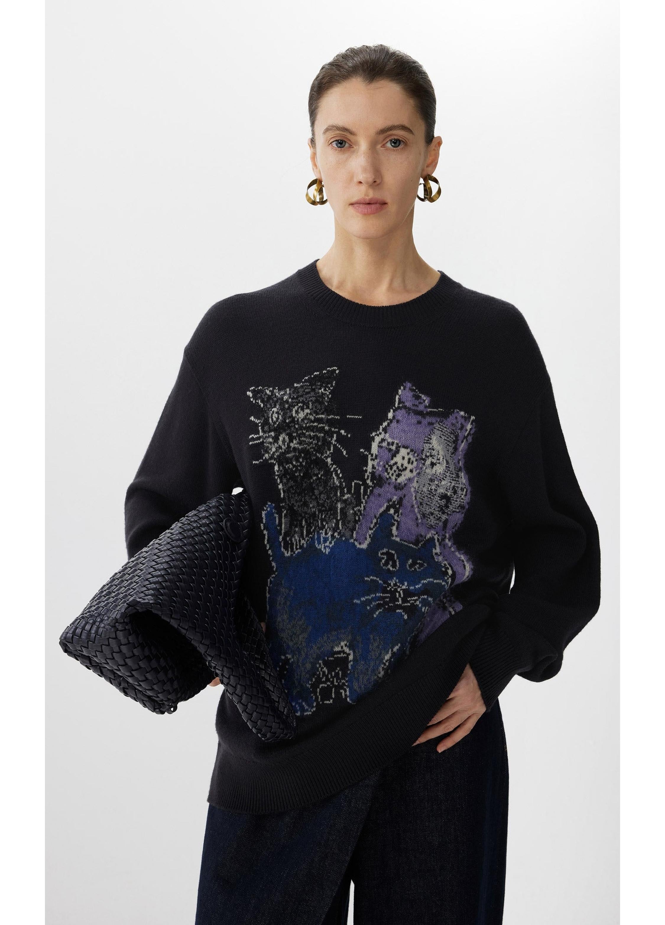 Loose Fit Cat Print Long-Sleeve Sweater