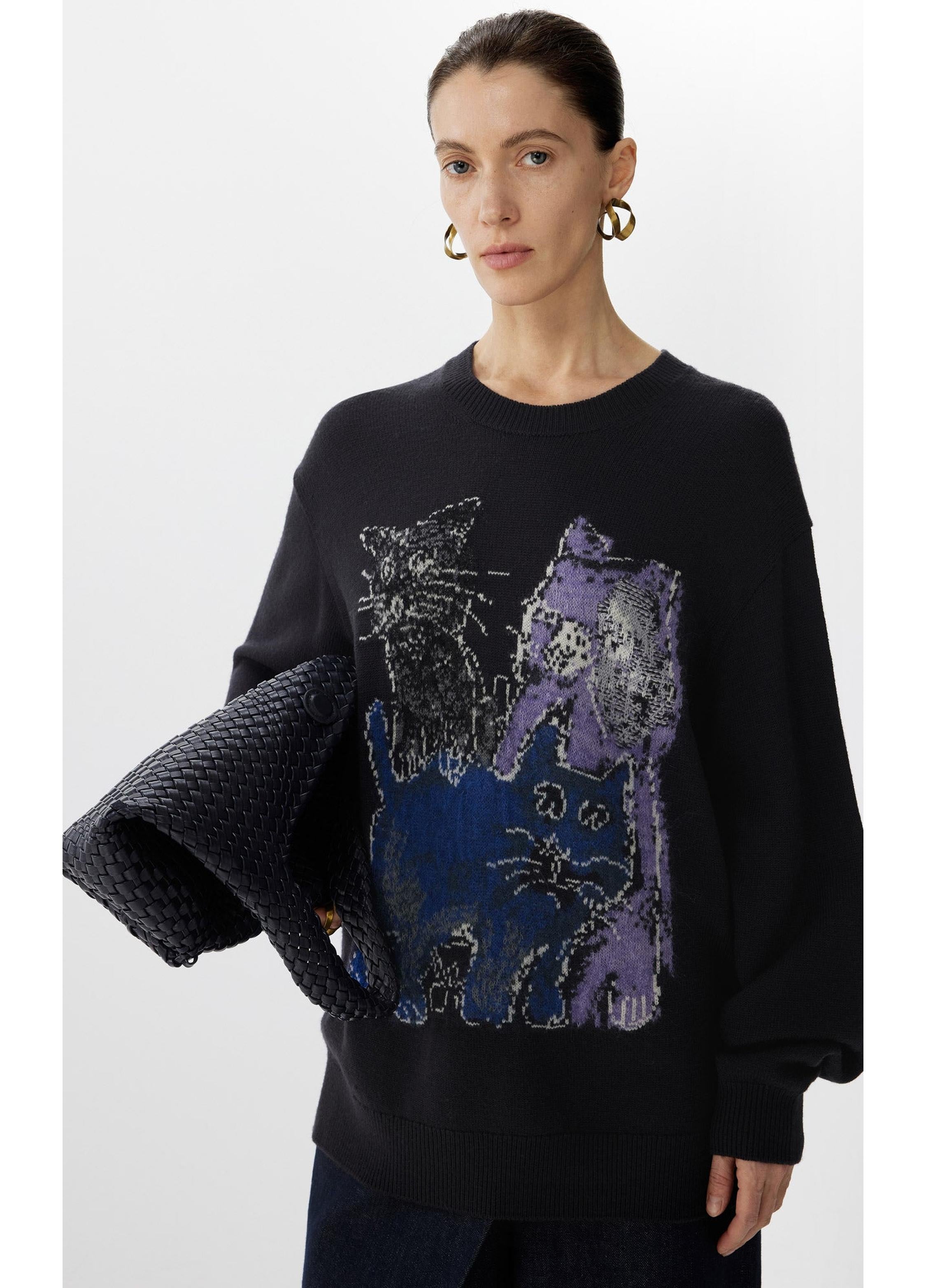 Loose Fit Cat Print Long-Sleeve Sweater