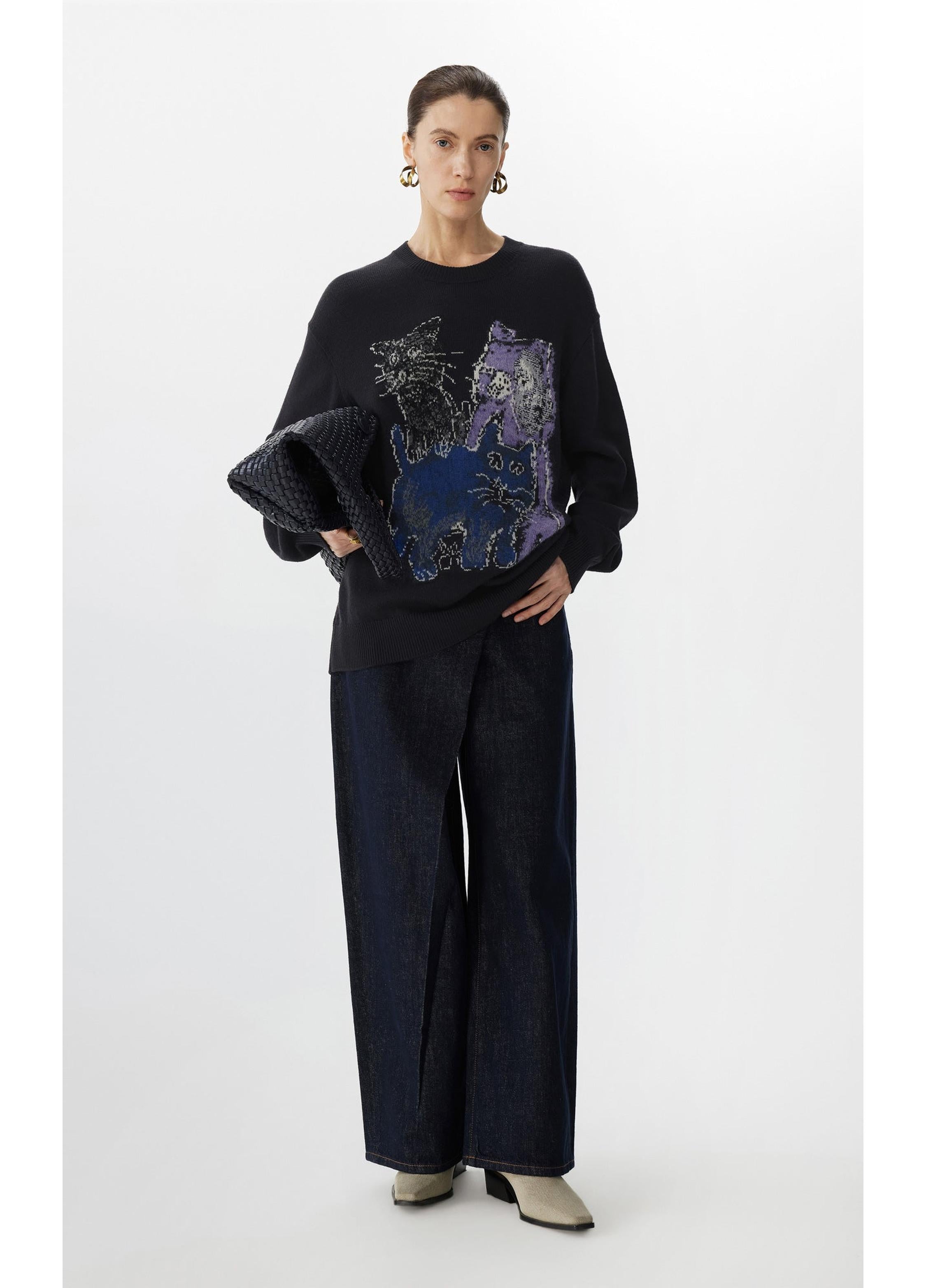 Loose Fit Cat Print Long-Sleeve Sweater